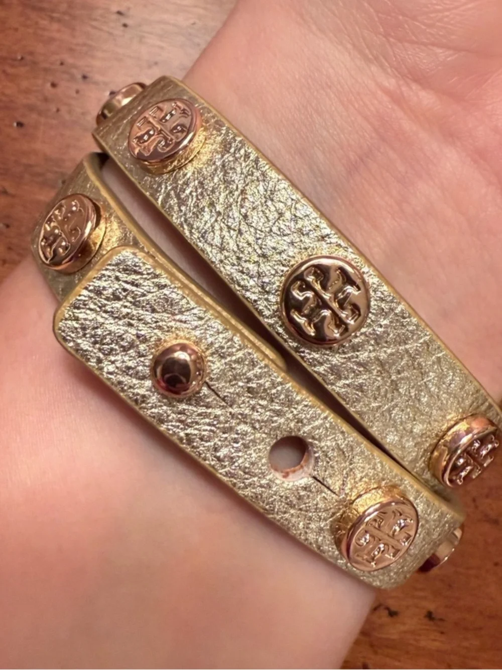 Tory Burch Gold Double-Wrap Leather Bracelet with Logo Studs